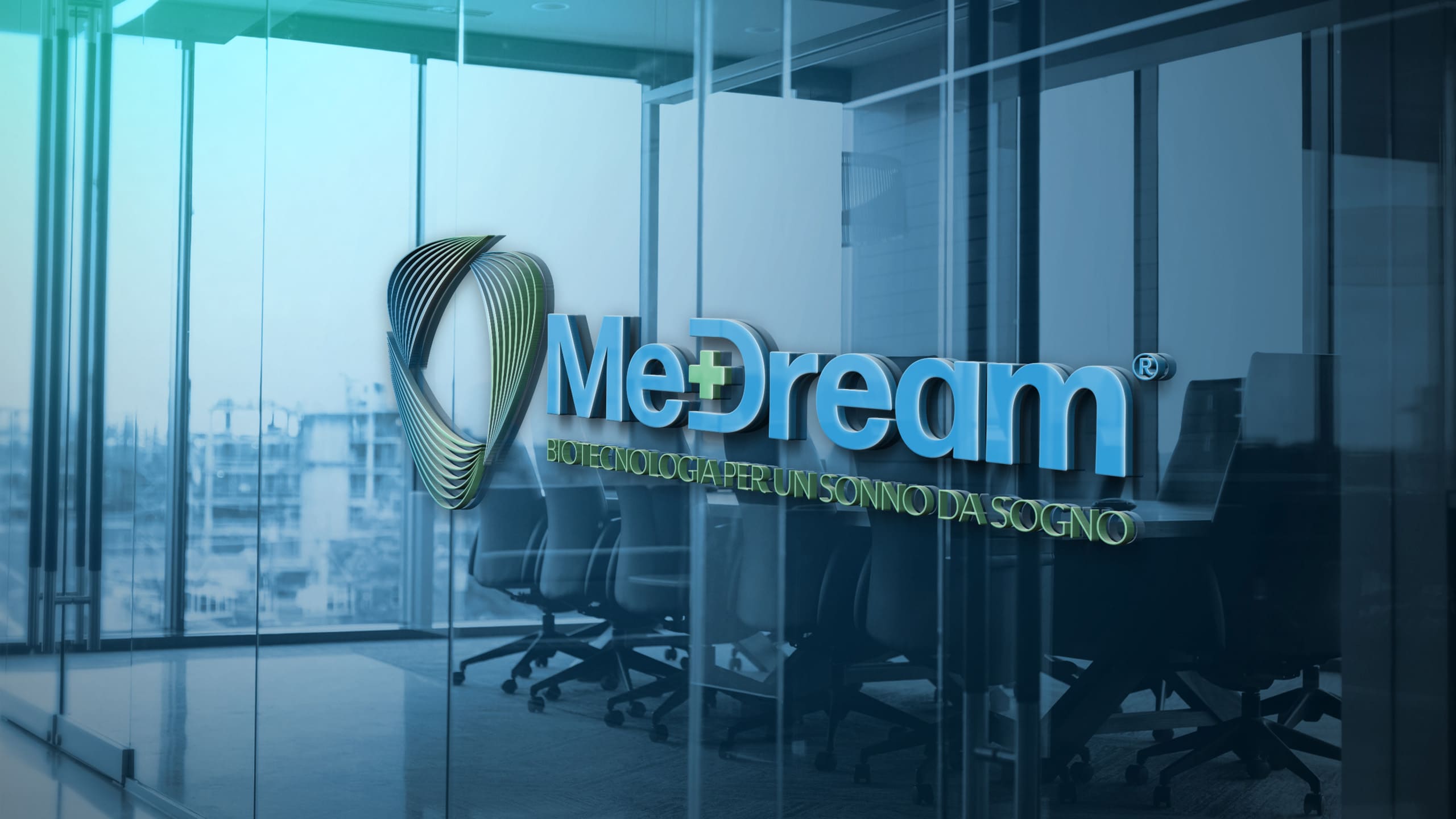 Logo Medream su parete in vetro in una sala riunioni moderna, con scritta "Biotecnologia per un sonno da sogno"